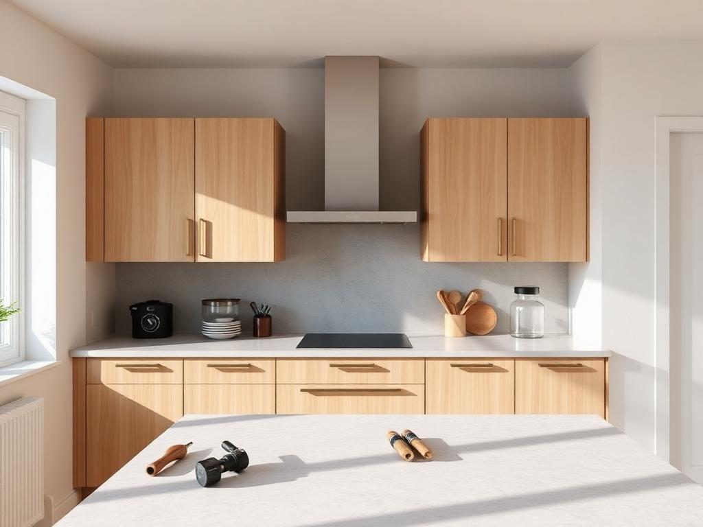 Plaatsing van een moderne keuken met houten kasten