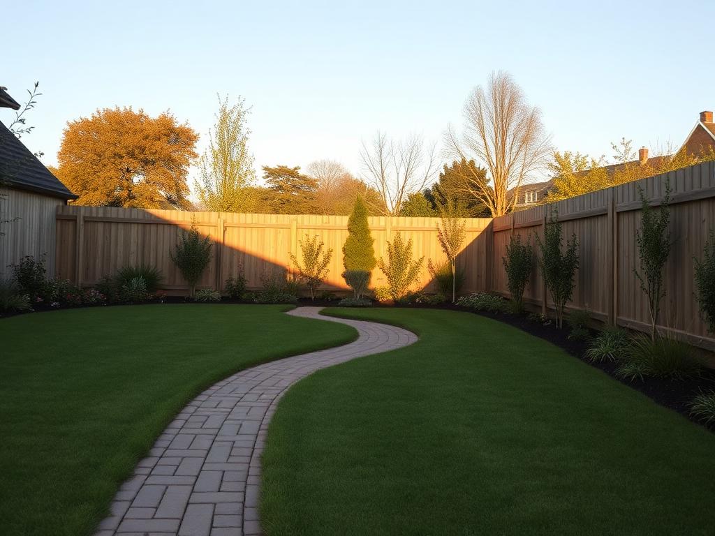 Aangelegde tuin met klinkerpad, gazon en afsluiting